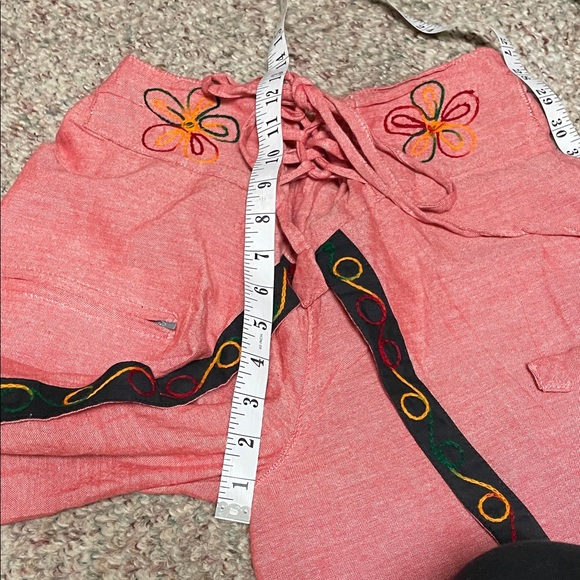 Vintage Nepalese drawstring waist red Wide-Leg Pants with Embroidered Trim - Picture 8 of 11